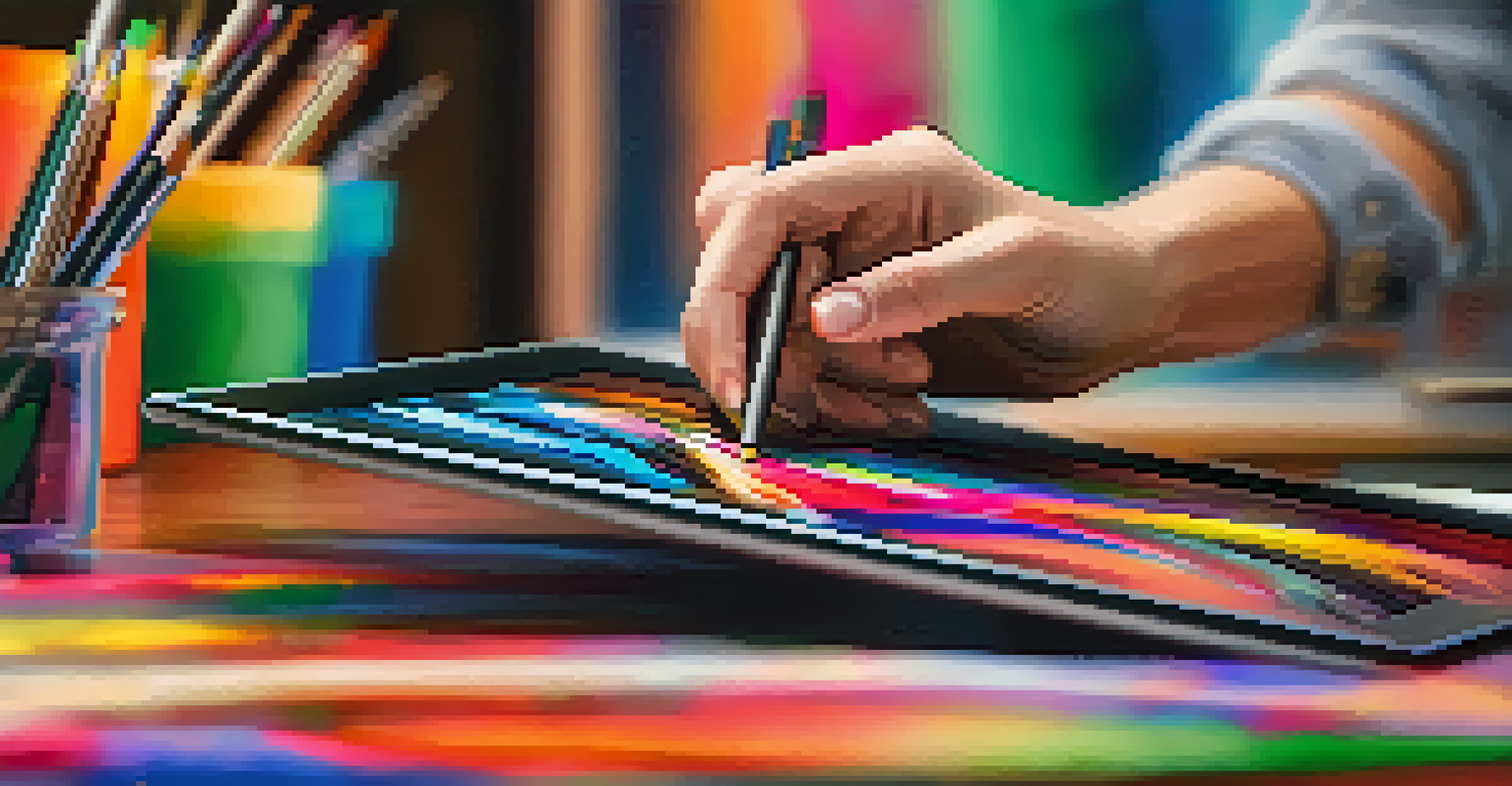 Close-up of an artist's hands using a digital tablet to create colorful abstract art in a cozy workspace.