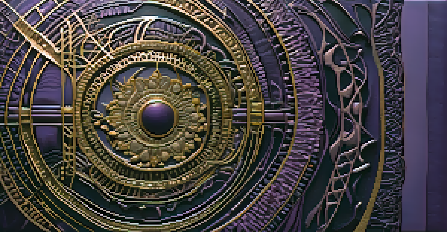 A close-up of an abstract painting with deep purples and golds, showcasing intricate patterns and textures.