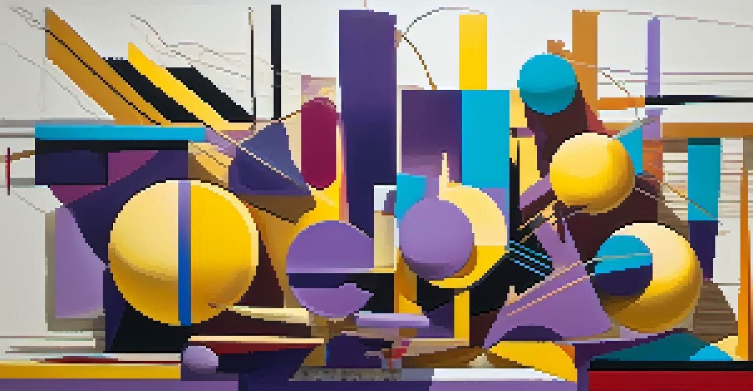 An abstract composition with bold geometric shapes in various colors, creating movement and engaging textures.