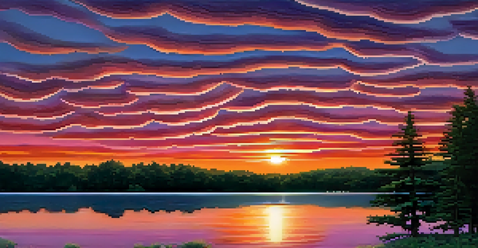 A calm lake reflecting a vibrant sunset, with symmetrical trees on either side, creating a peaceful landscape.