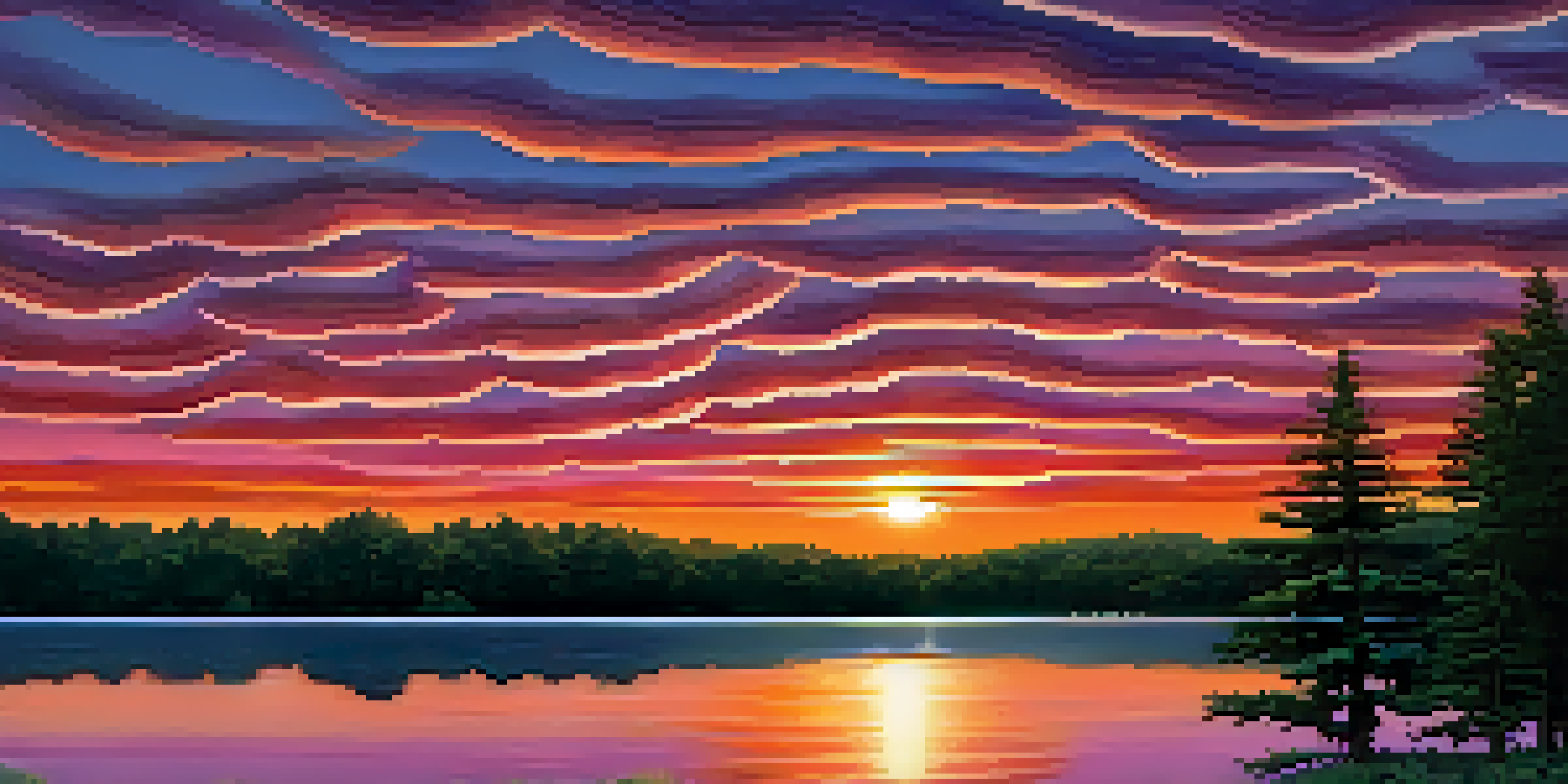 A calm lake reflecting a vibrant sunset, with symmetrical trees on either side, creating a peaceful landscape.