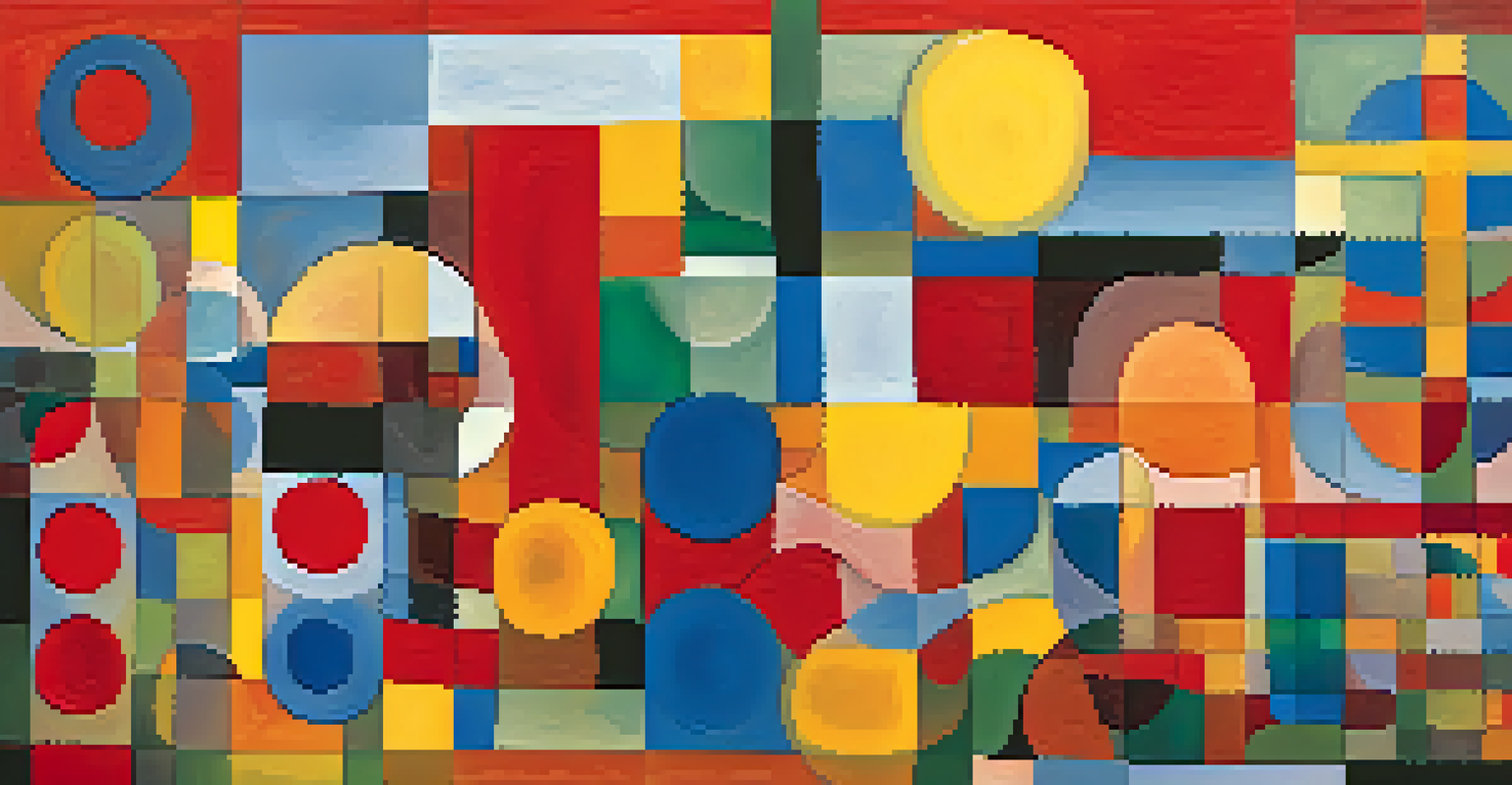 A close-up of an abstract painting with vibrant swirls of red, yellow, and blue, showcasing geometric shapes and textures.