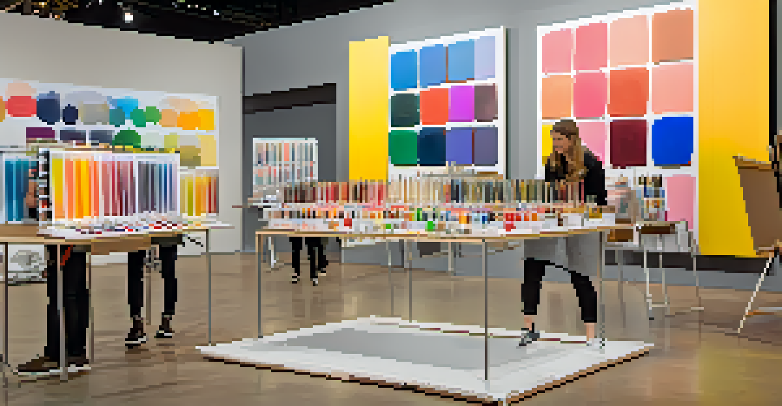 Visitors engaged in creating art at an interactive exhibition station, surrounded by colorful art supplies.