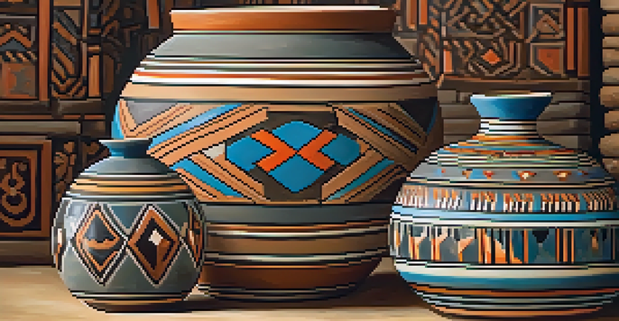 A detailed view of traditional Native American pottery with geometric patterns on a wooden surface, illuminated by soft lighting.