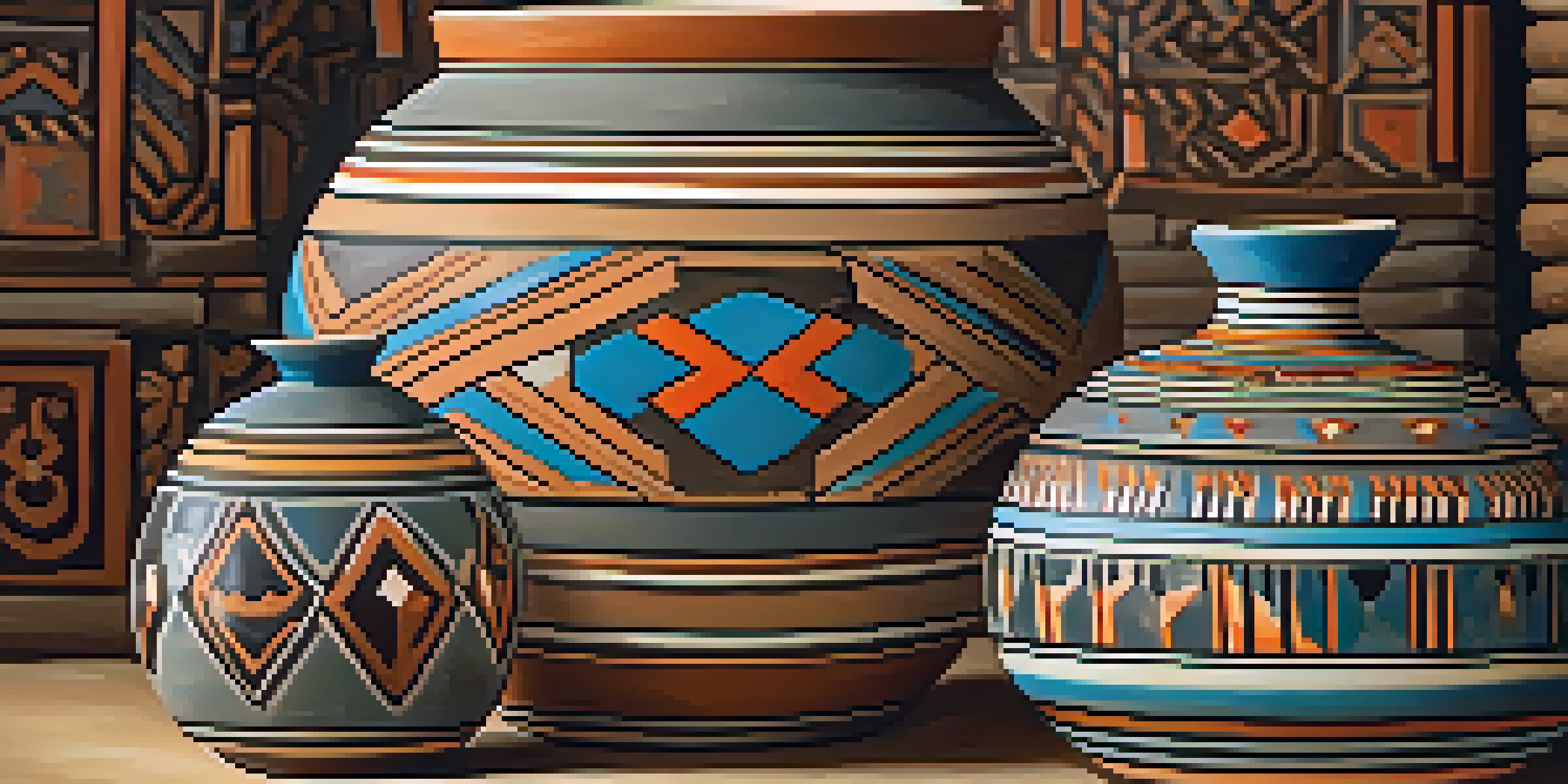 A detailed view of traditional Native American pottery with geometric patterns on a wooden surface, illuminated by soft lighting.