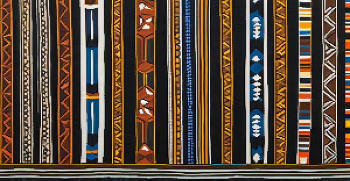 Close-up image of a colorful African tribal pattern with intricate geometric shapes, set against a textured background that resembles woven fabric.
