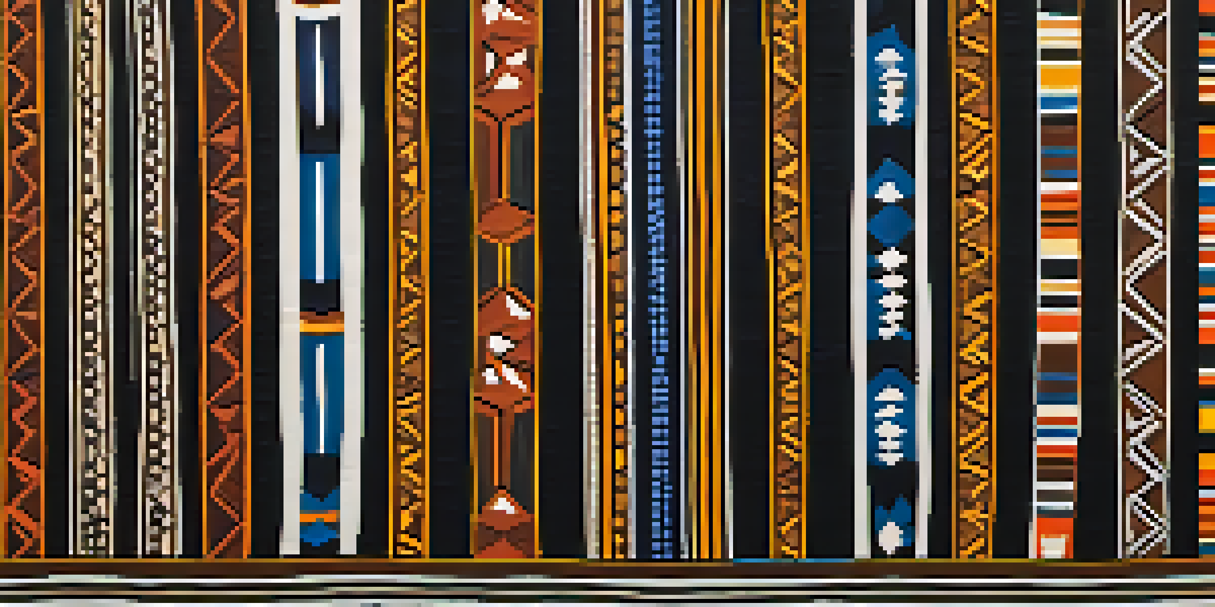 Close-up image of a colorful African tribal pattern with intricate geometric shapes, set against a textured background that resembles woven fabric.