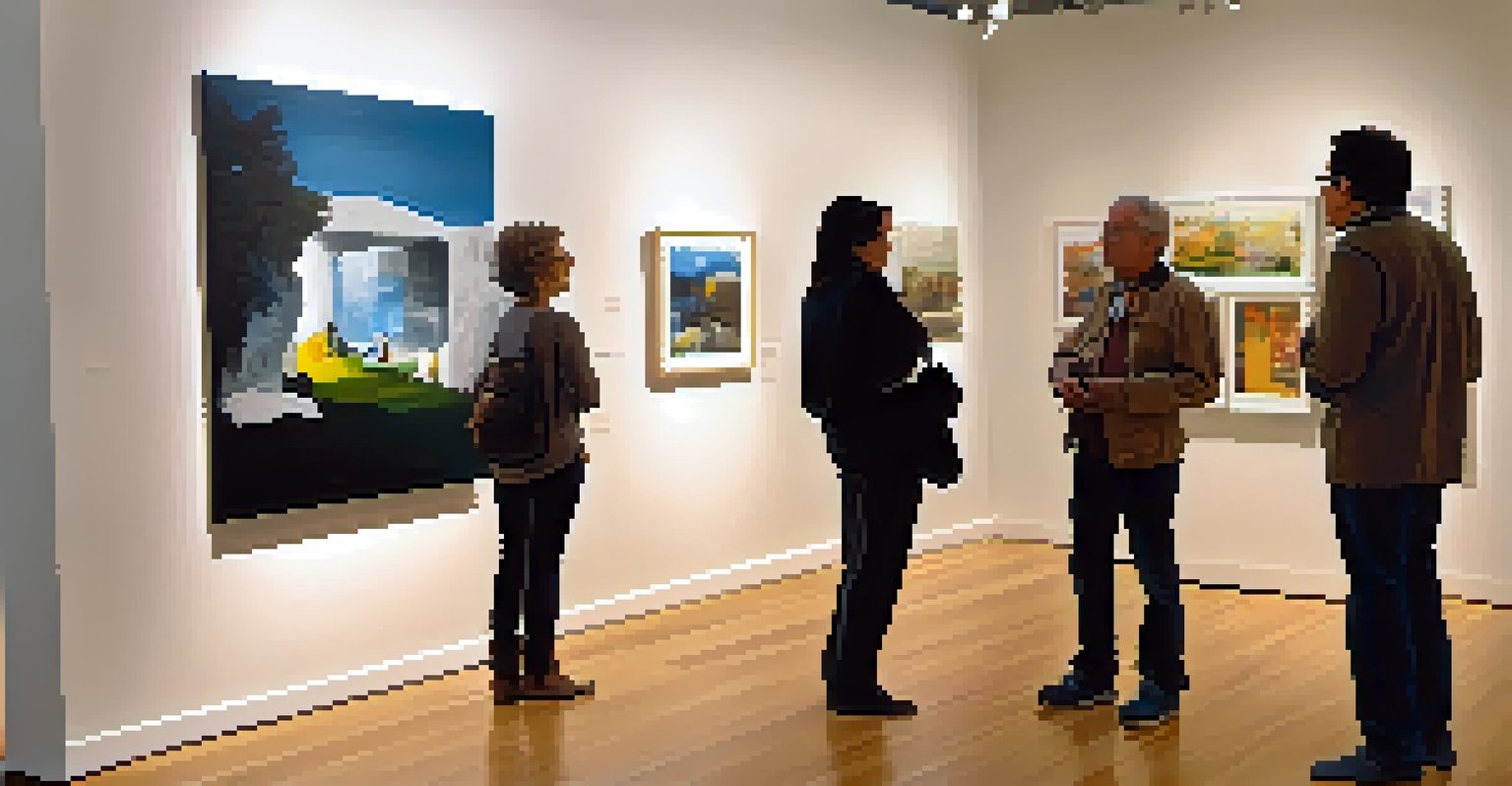 A welcoming art exhibition displaying paintings by artists with disabilities, with visitors admiring the works in a warm, softly lit environment.
