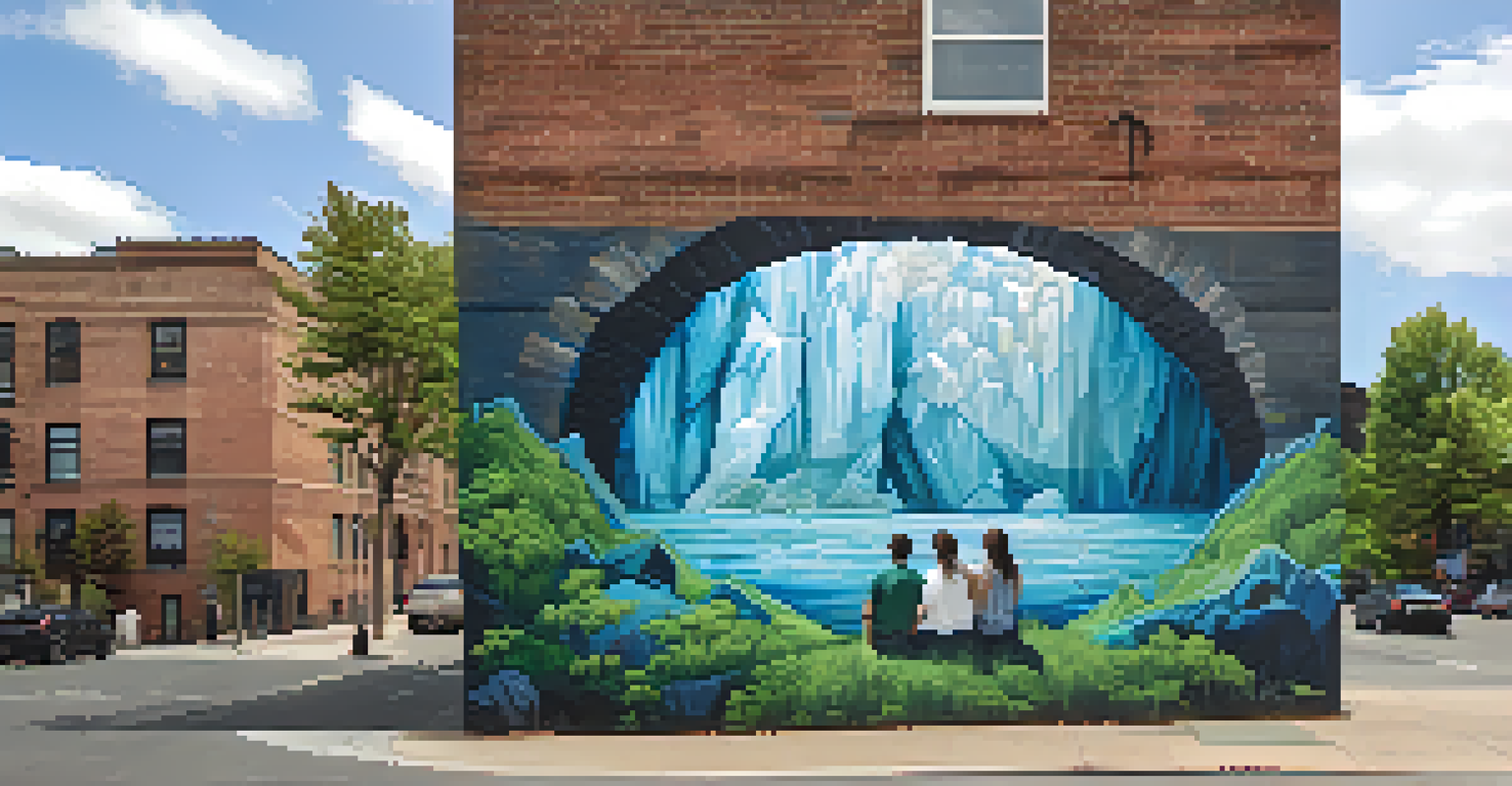 A mural depicting climate change issues with melting icebergs and resilient plants, inviting reflection from passersby.