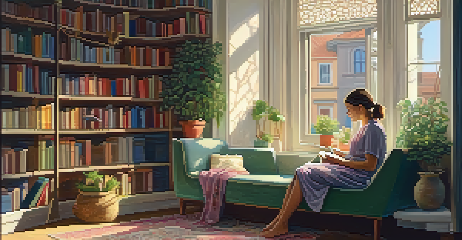 A mother and child reading together in a cozy sunlit room, with warm light illuminating the scene and bookshelves in the background.