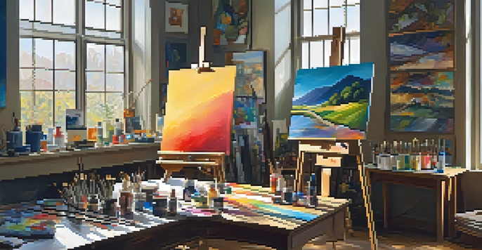 An artist's studio with a painter's easel, colorful paintings on the walls, and sunlight streaming through a window.