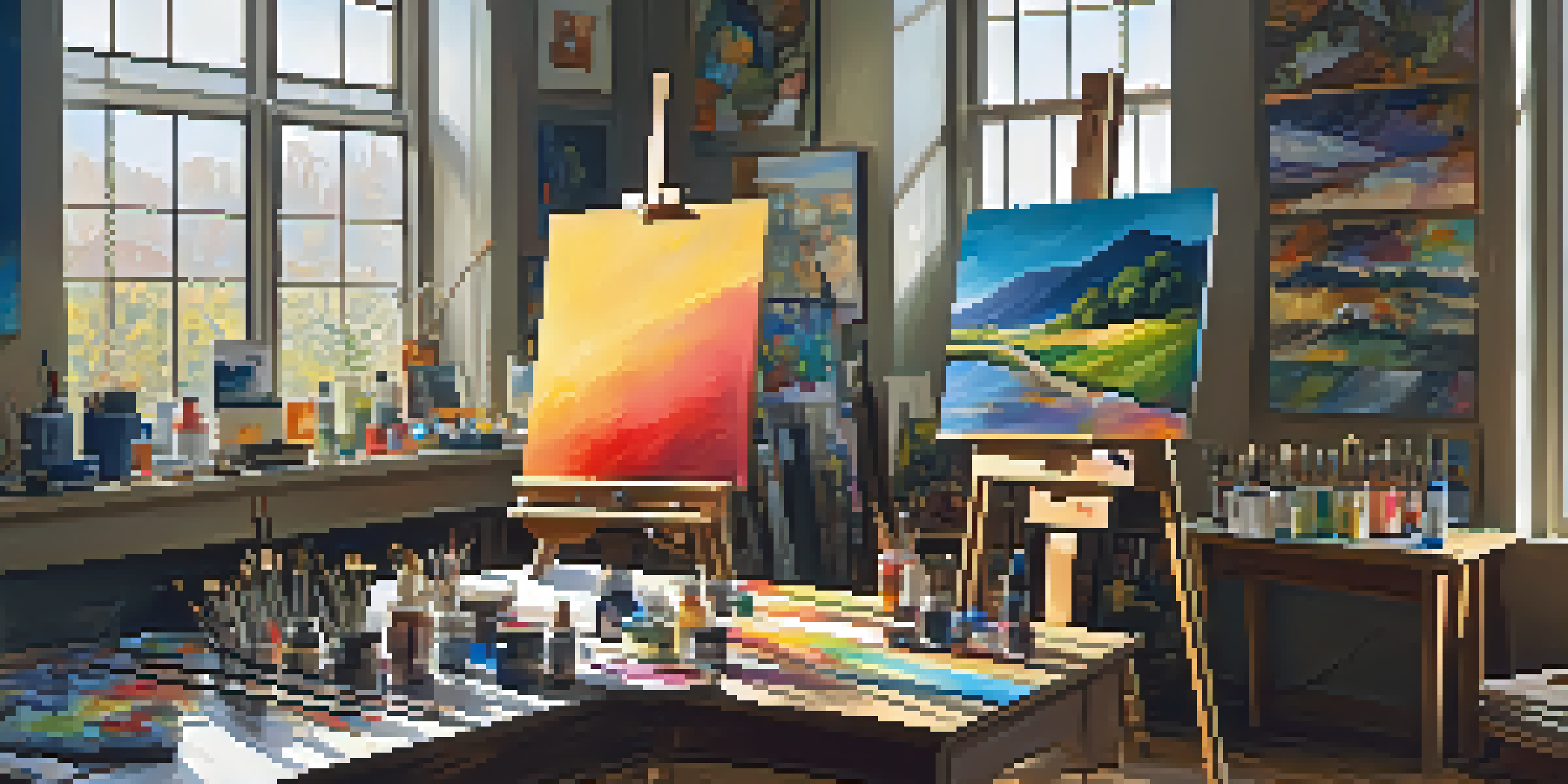 An artist's studio with a painter's easel, colorful paintings on the walls, and sunlight streaming through a window.