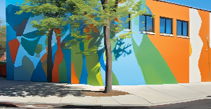 A colorful mural on an urban building, with bright shapes and symbols illuminated by sunlight filtering through trees.
