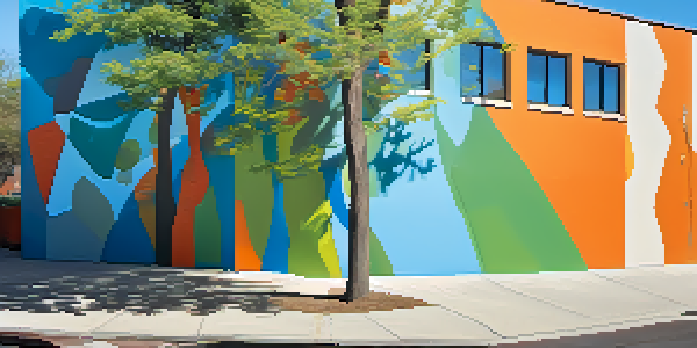 A colorful mural on an urban building, with bright shapes and symbols illuminated by sunlight filtering through trees.