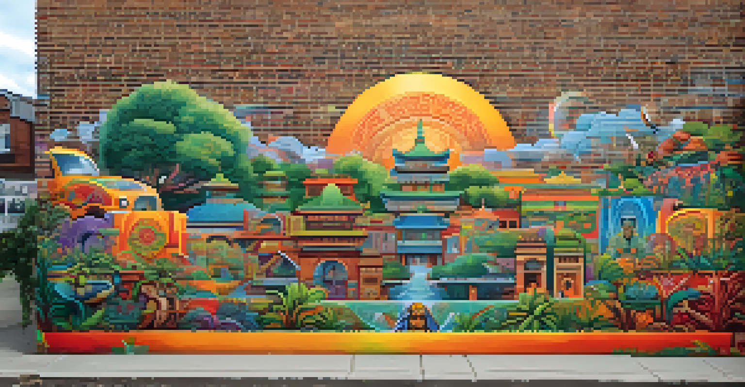 A colorful street art mural showcasing unity and diversity with cultural symbols on a brick wall surrounded by greenery.