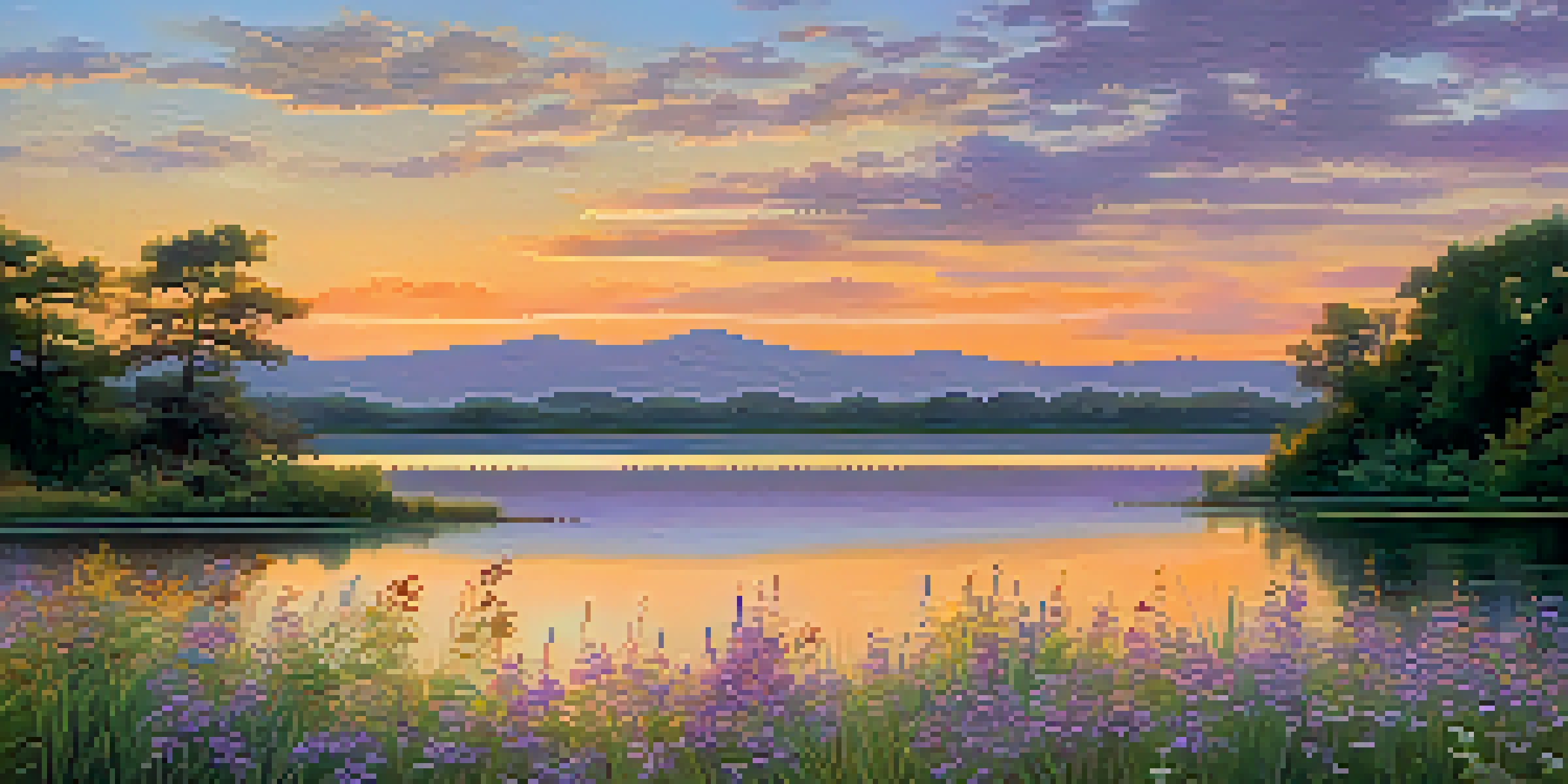 A tranquil sunset scene over a lake with orange and purple hues, reflecting on the water, and wildflowers in the foreground.