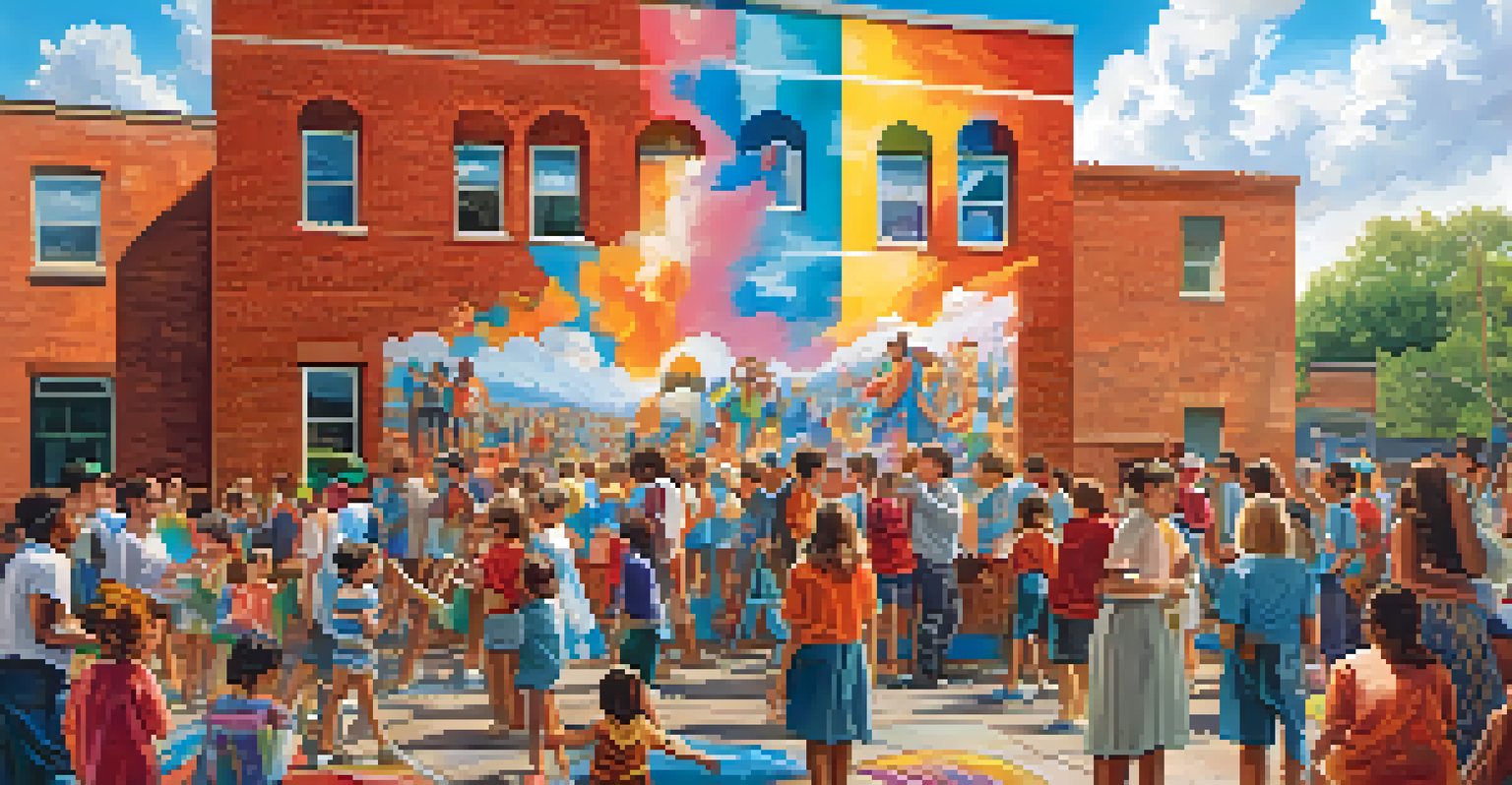 Artists painting a large mural during a community event, with vibrant colors and an engaged audience, showcasing the role of art in social change.