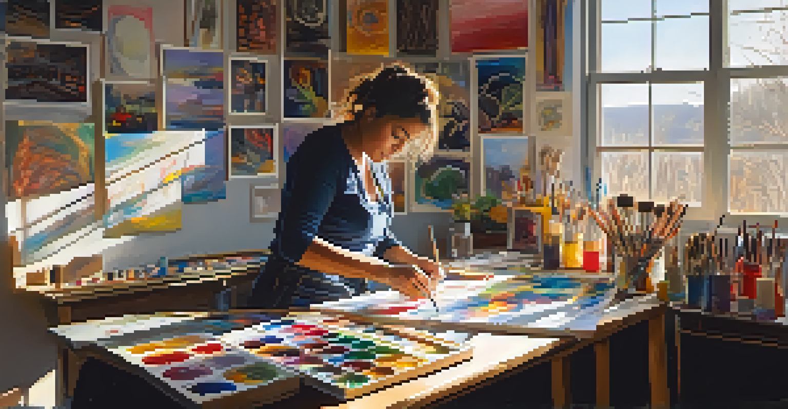An artist working on a large canvas in a sunlit studio filled with art supplies and sketches.