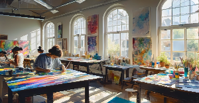 A lively art studio with students creating mixed media artworks, surrounded by colorful supplies and natural sunlight.