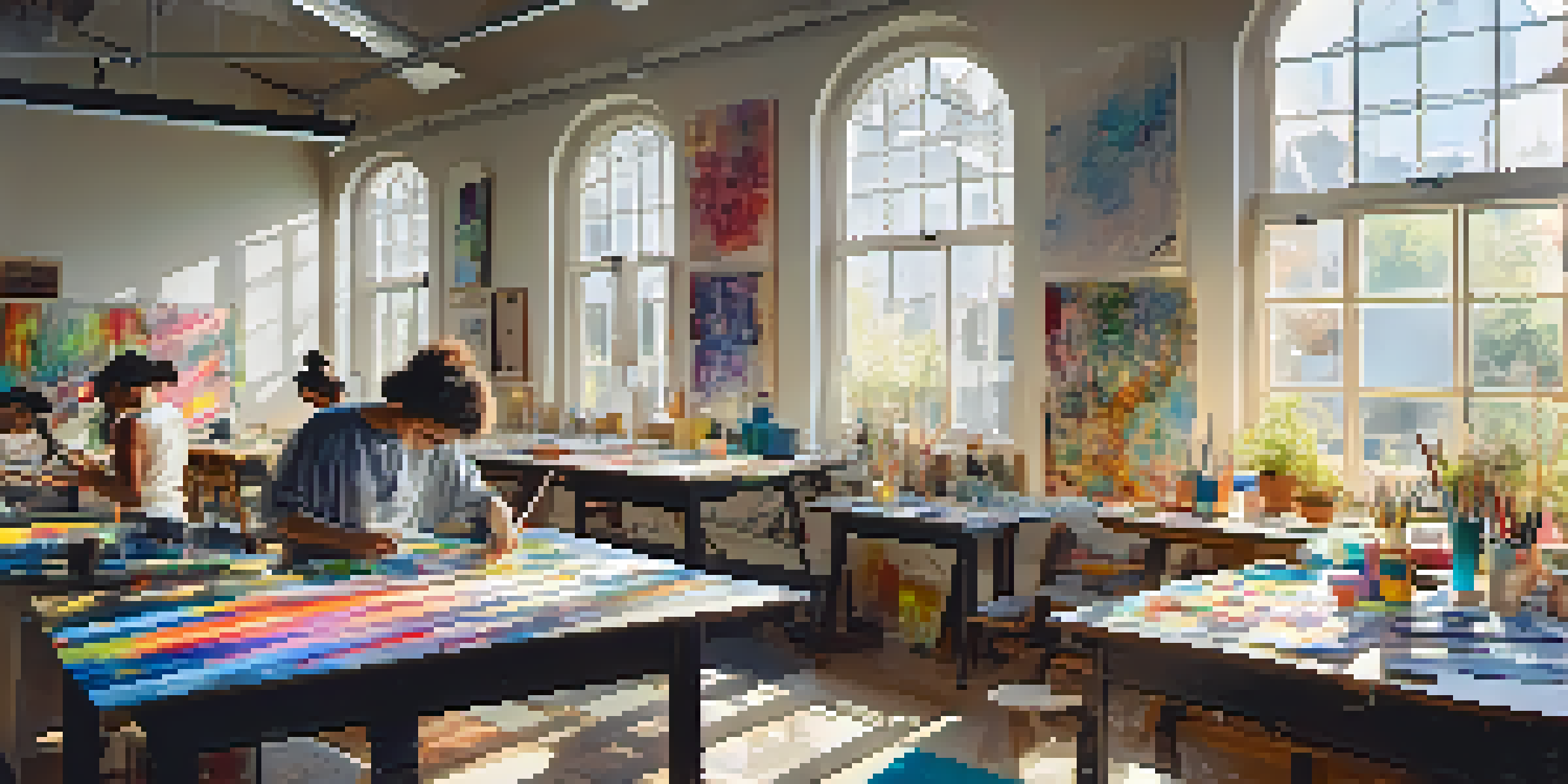 A lively art studio with students creating mixed media artworks, surrounded by colorful supplies and natural sunlight.