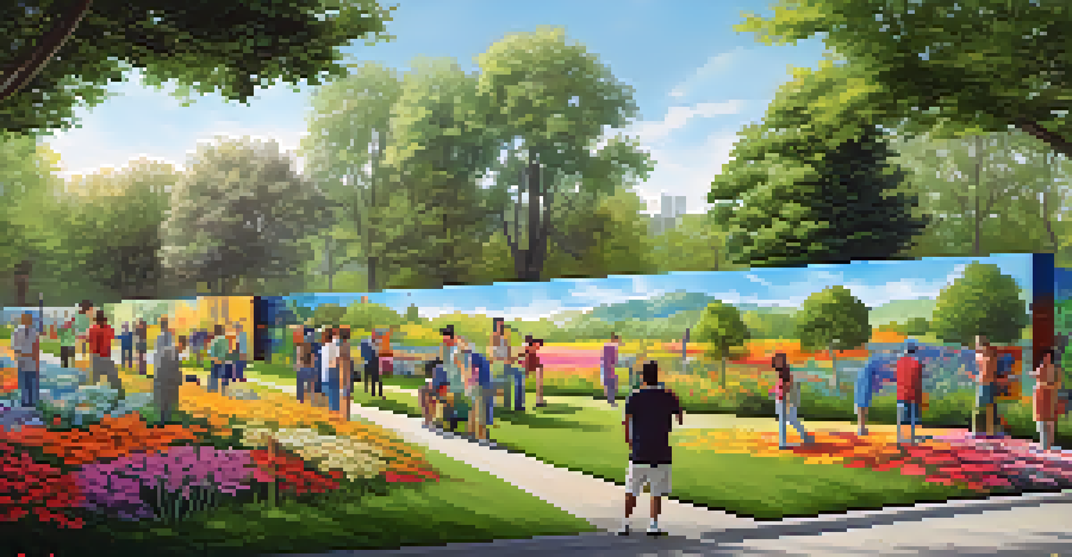 Artists collaborating on a colorful mural in a community park, surrounded by nature and spectators enjoying the process.