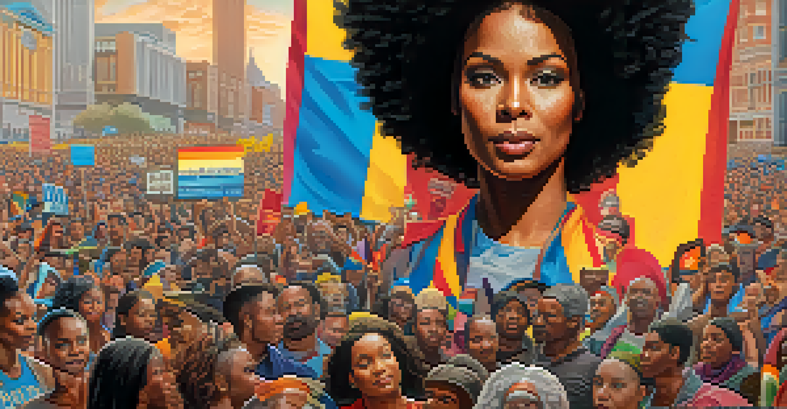 A portrait of a woman at a peaceful protest holding an equality sign, surrounded by diverse supporters in an urban setting.