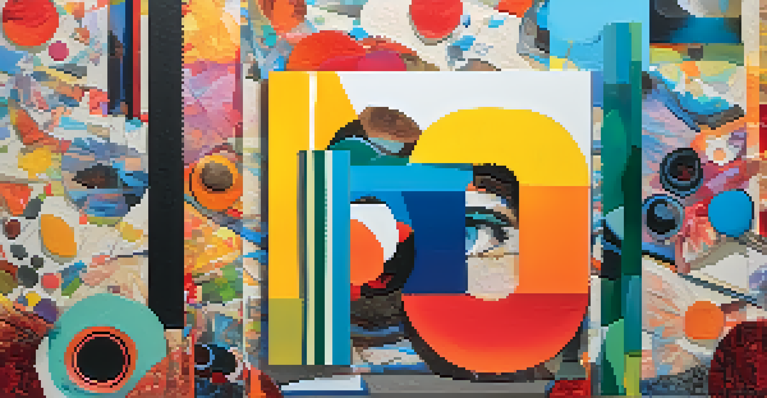 A mixed media artwork featuring abstract shapes with vibrant colors and textured elements.