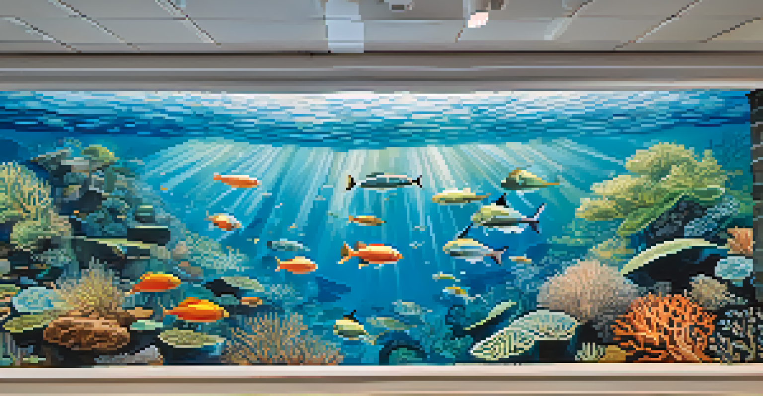 An underwater mural featuring fish and coral reefs, painted on a smooth wall with a cool color palette of blues and greens.