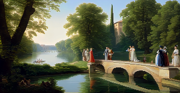 A peaceful Renaissance landscape with a river, classical buildings, sunlight, and elegantly dressed figures conversing.