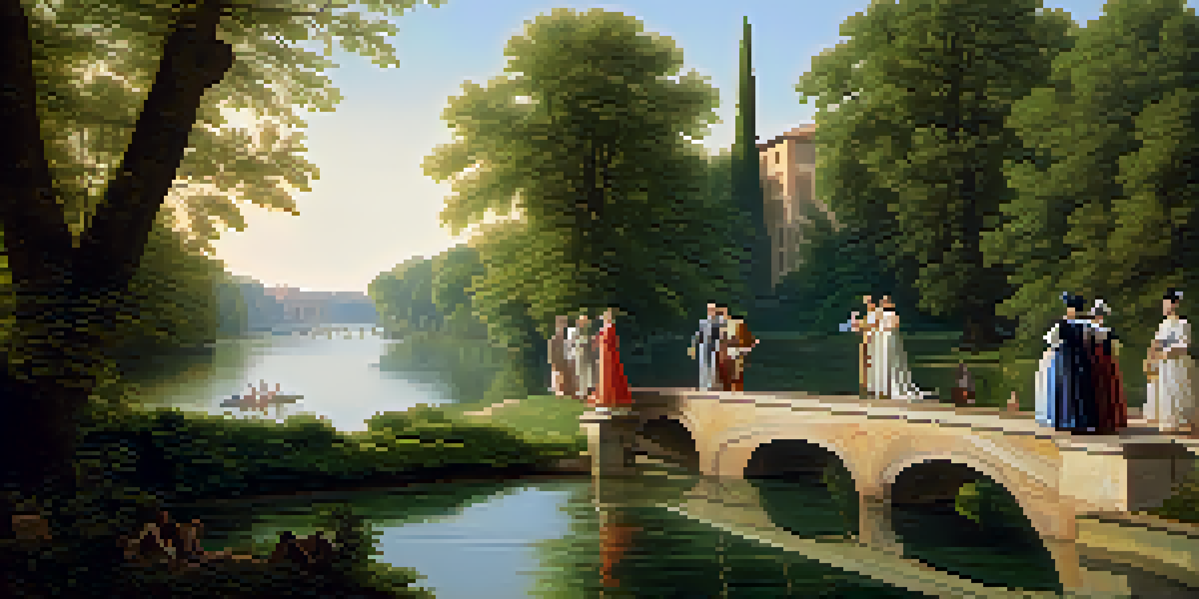 A peaceful Renaissance landscape with a river, classical buildings, sunlight, and elegantly dressed figures conversing.
