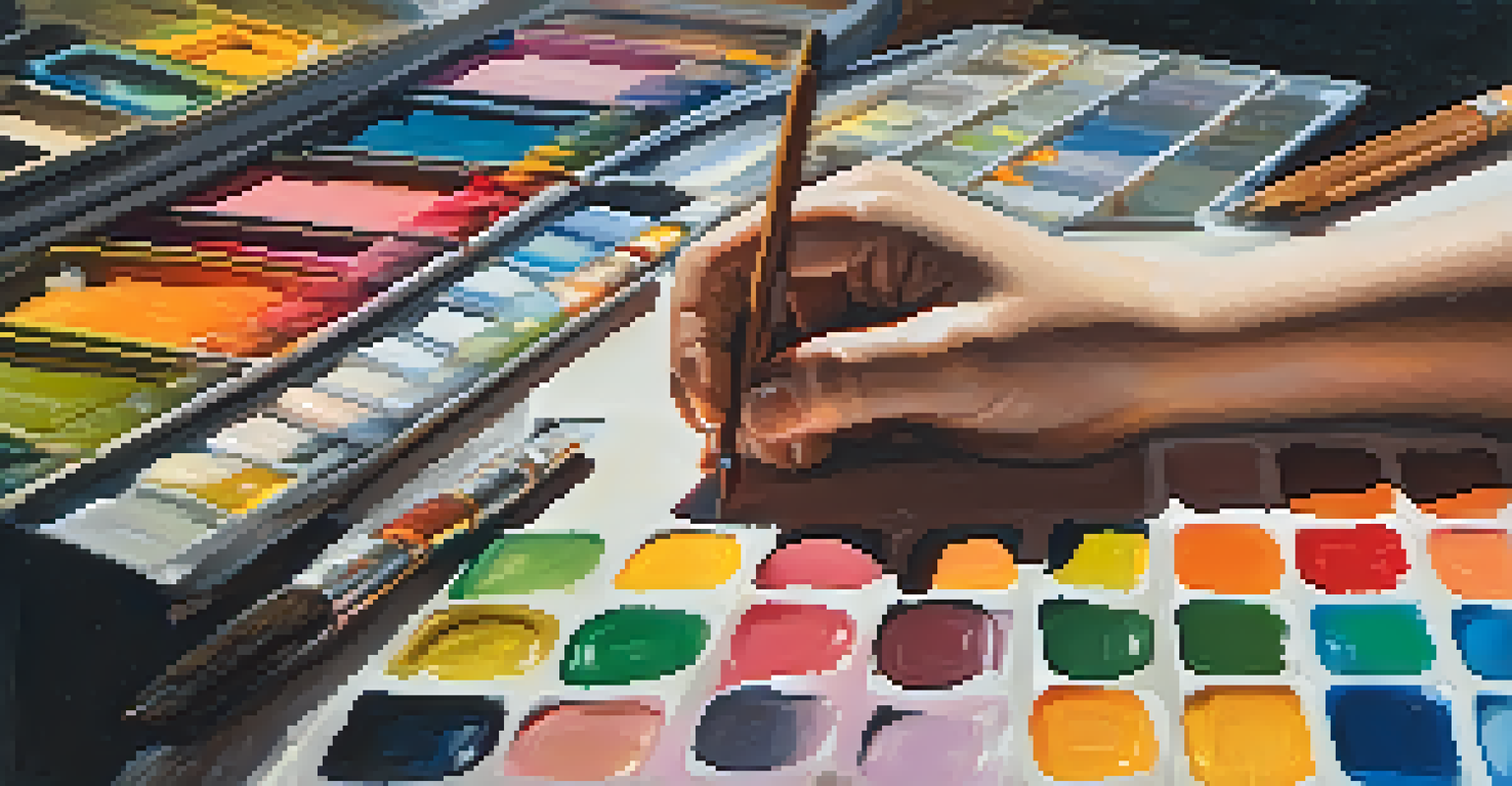 An artist's hands at work, painting on a canvas with a colorful palette, showcasing detailed brushstrokes.