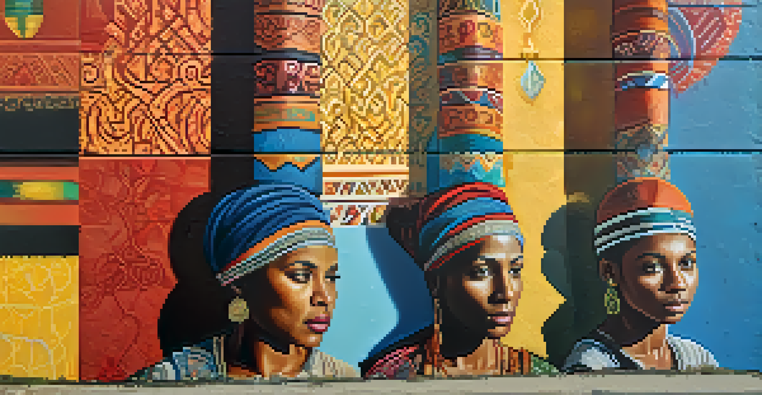 A close-up of a colorful street art piece celebrating cultural diversity, depicting intricate patterns and diverse portraits.