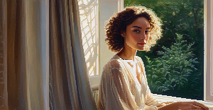 A young woman with curly hair sits by a window, illuminated by soft, warm sunlight during the golden hour, wearing a pastel-colored dress.