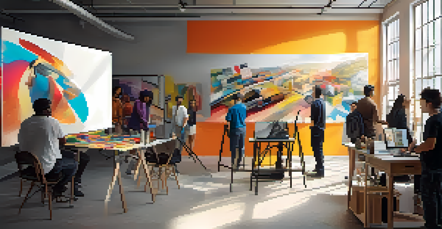 A vibrant studio with artists collaborating on paintings and digital screens, blending traditional and modern techniques.
