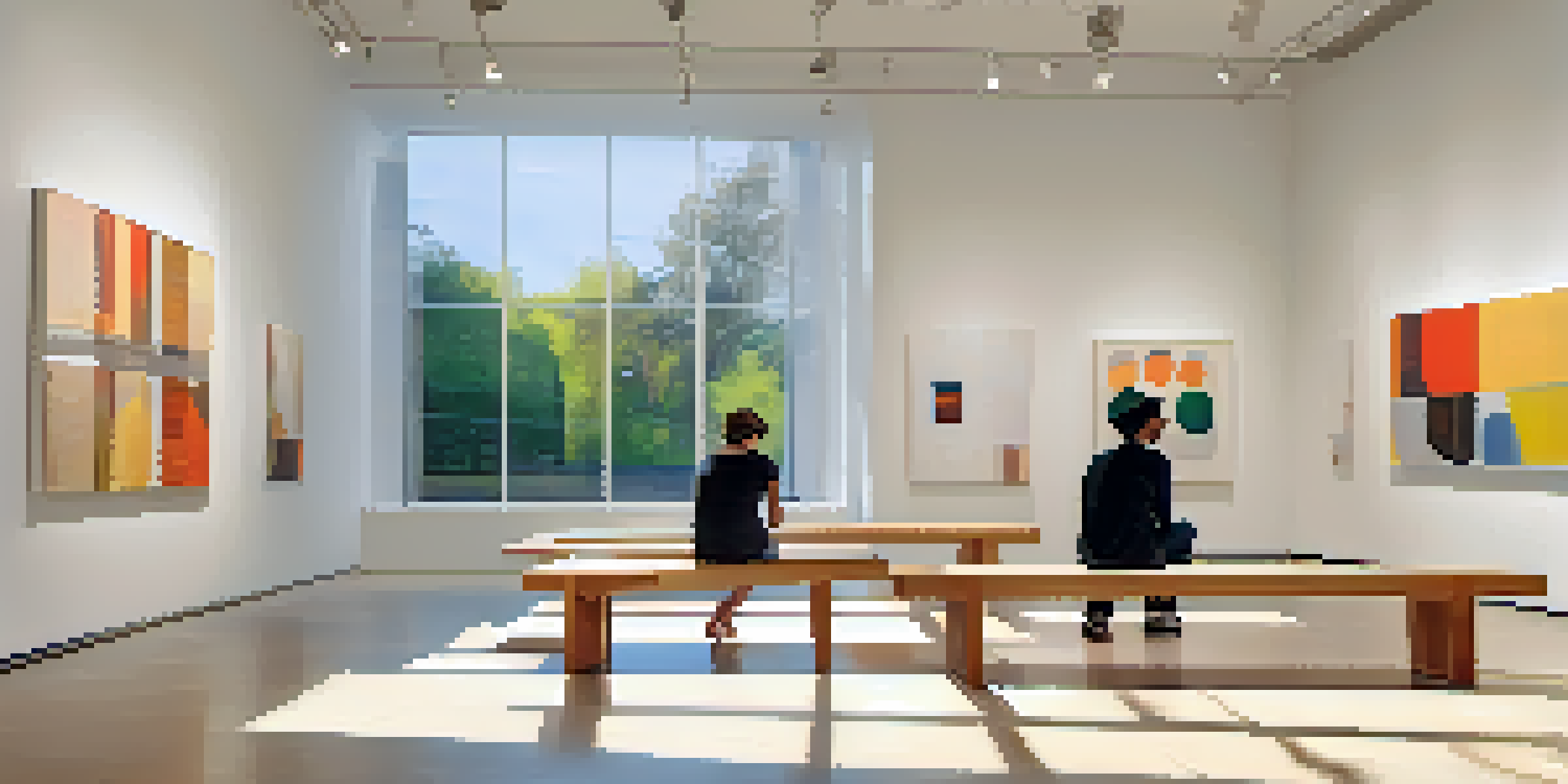 An art gallery with abstract paintings, natural light, and visitors admiring the artwork.