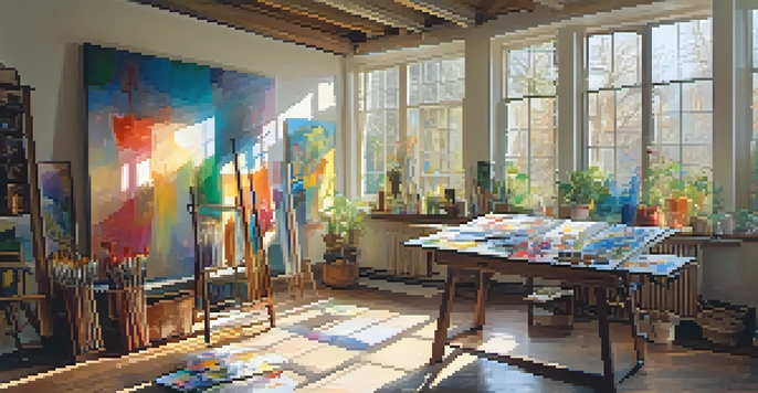 An artist's studio with a large colorful canvas, paintbrushes, and sunlight streaming through the window.