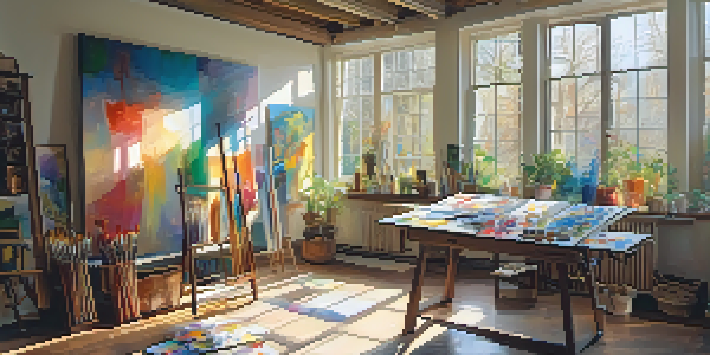 An artist's studio with a large colorful canvas, paintbrushes, and sunlight streaming through the window.
