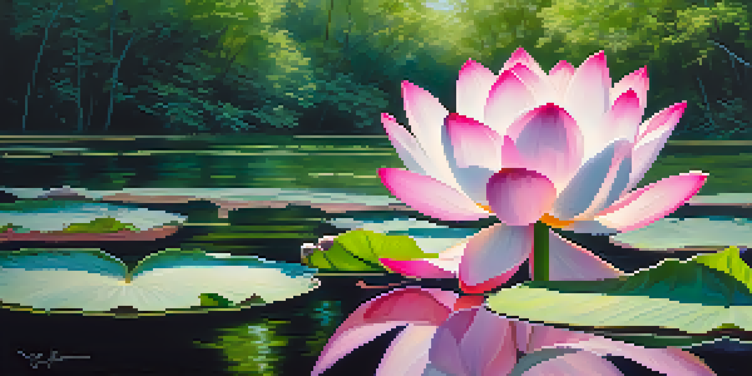 A beautiful pink and white lotus flower blooming on a calm pond with green leaves and sunlight filtering through trees.