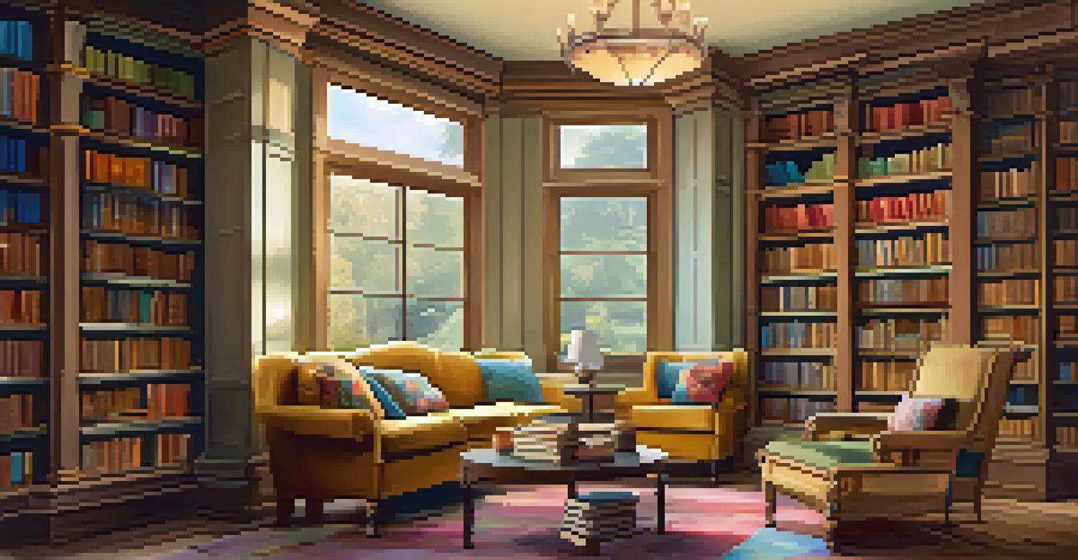 A cozy library with vintage books, warm lighting, and a reading nook featuring a plush armchair and a cup of tea.