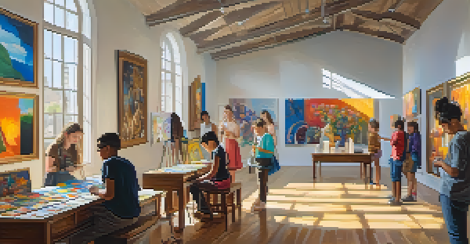 A lively gallery filled with young artists creating and displaying their artwork, illuminated by sunlight.