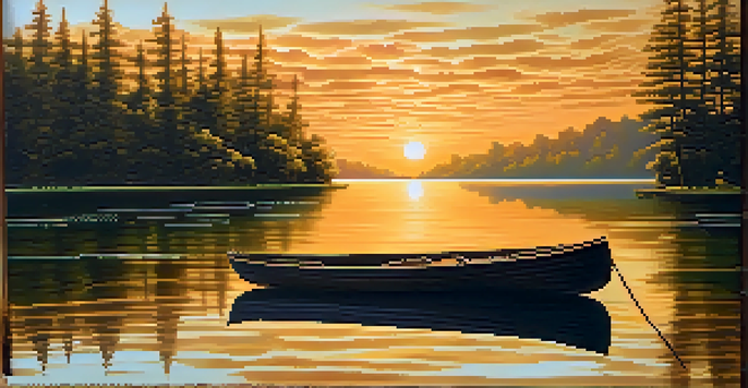 A tranquil lake surrounded by green forests at sunset, with a wooden boat floating on the water.