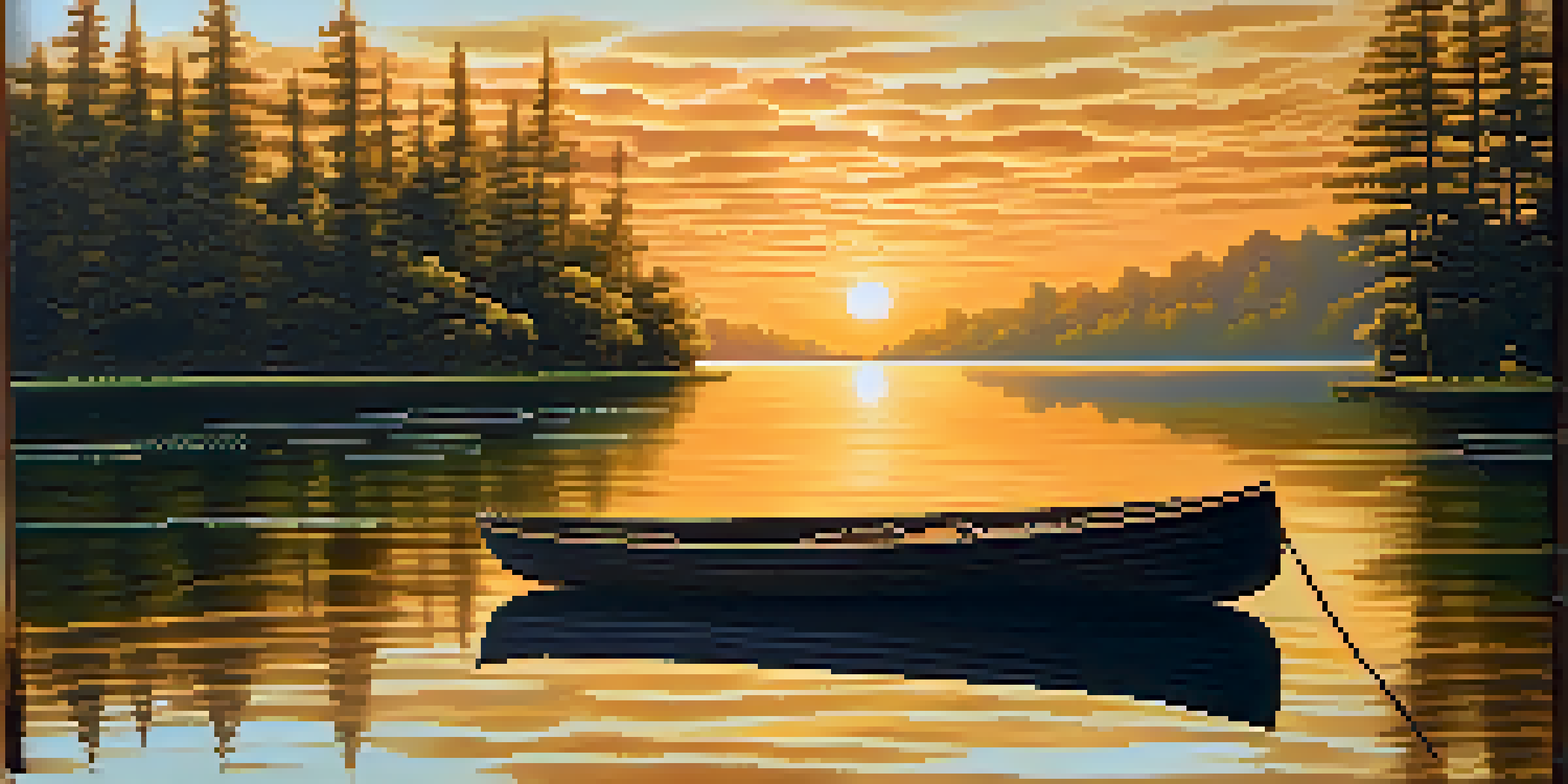 A tranquil lake surrounded by green forests at sunset, with a wooden boat floating on the water.