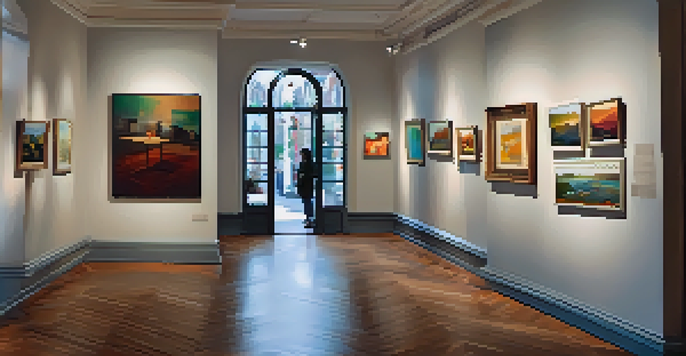 A warm art gallery filled with original paintings and visitors, with wooden floors and natural light coming through a large window.
