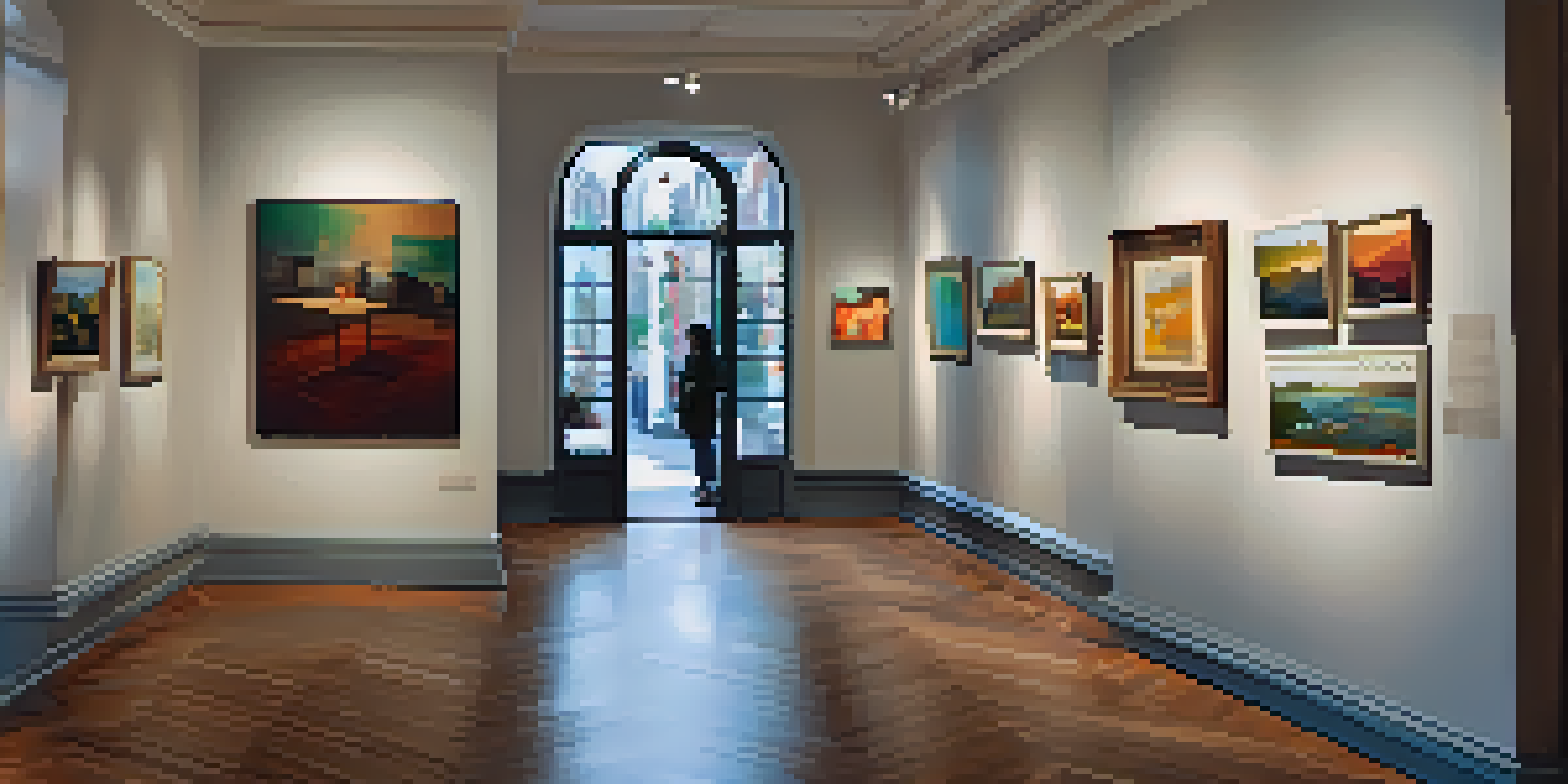 A warm art gallery filled with original paintings and visitors, with wooden floors and natural light coming through a large window.
