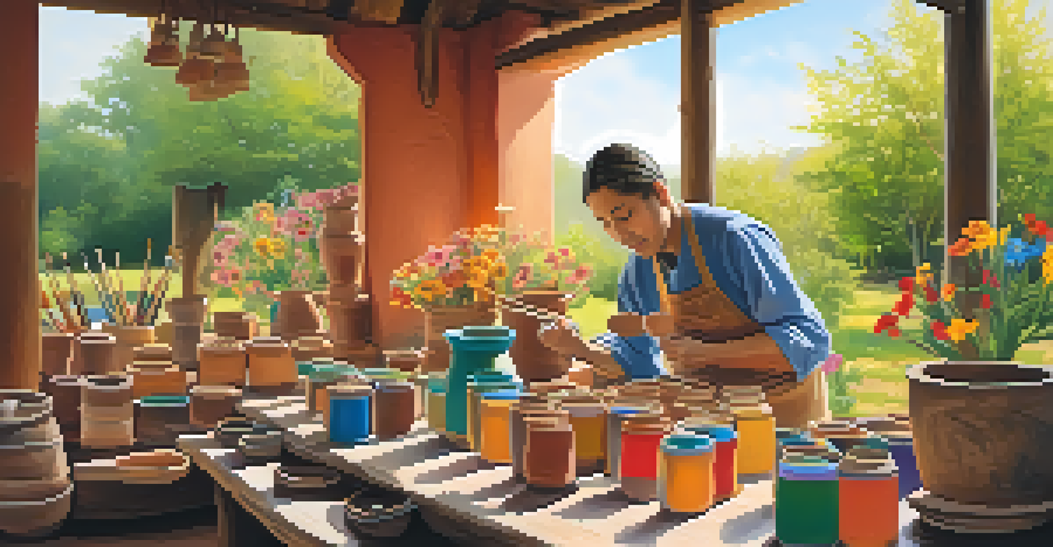 Artisans painting traditional pottery in an outdoor workshop, surrounded by colorful paints, flowers, and greenery under soft morning light.
