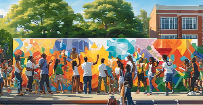 A colorful mural being painted by a diverse group of people in a sunny park, symbolizing community collaboration.