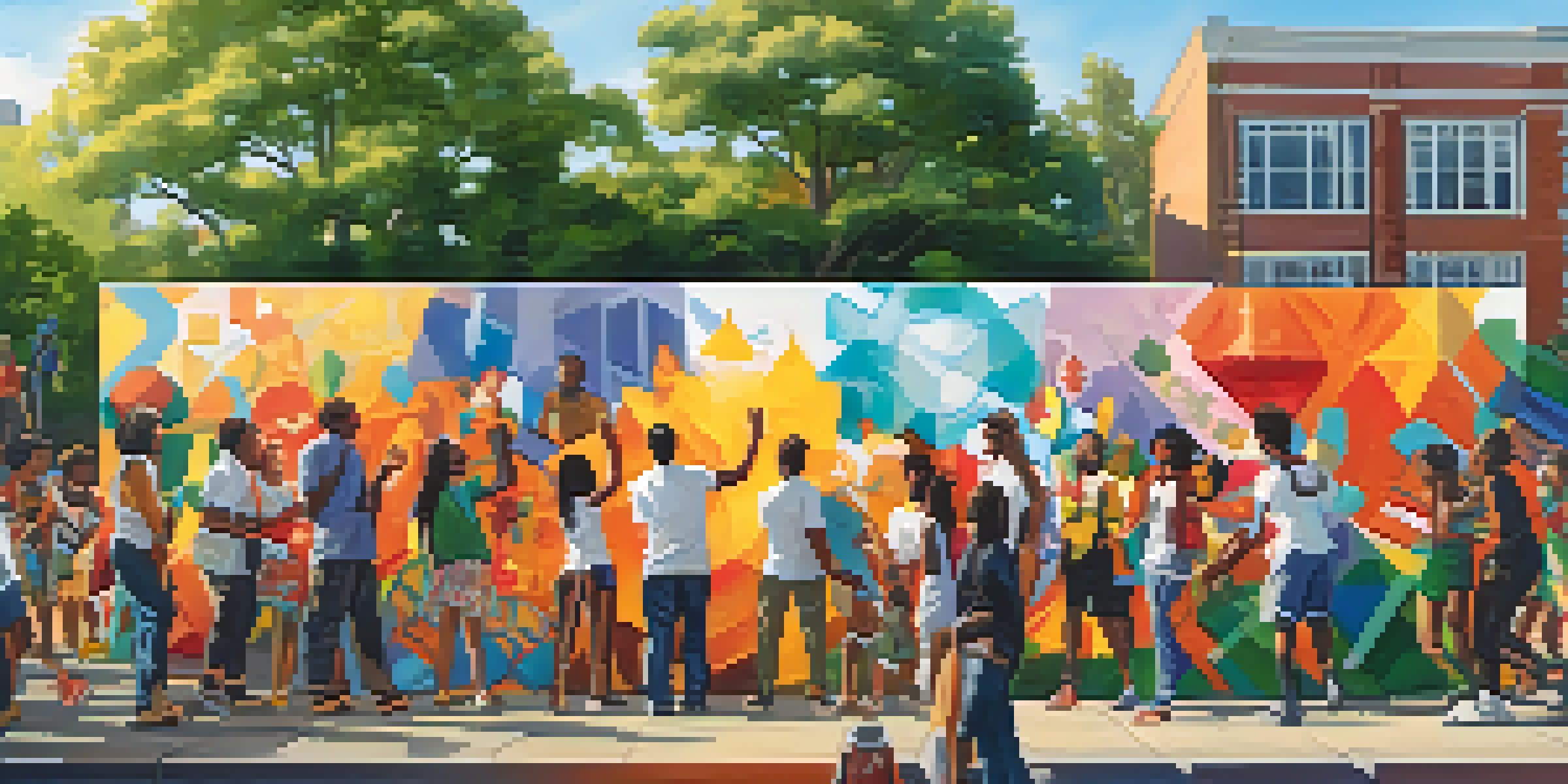 A colorful mural being painted by a diverse group of people in a sunny park, symbolizing community collaboration.