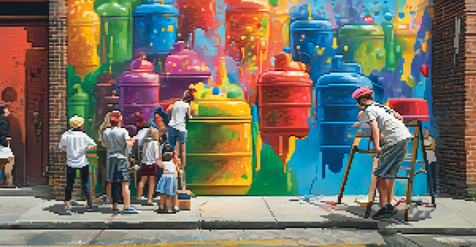A young artist painting a colorful mural on a brick wall, surrounded by admiring bystanders.