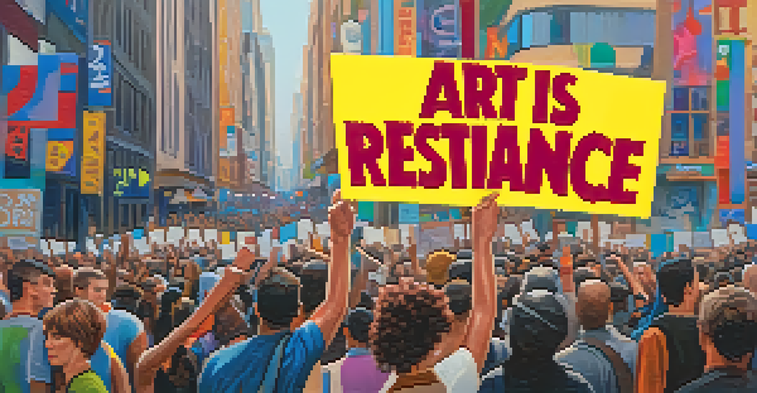 A close-up of a colorful protest sign reading 'Art is Resistance', held by a diverse group of people in a city street.