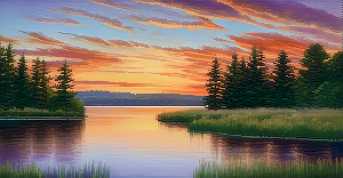 A peaceful sunset landscape with a colorful sky reflected in a calm lake, surrounded by green trees.